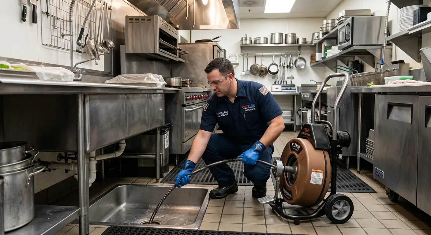 Commercial drain cleaning service in a restaurant kitchen in Portland