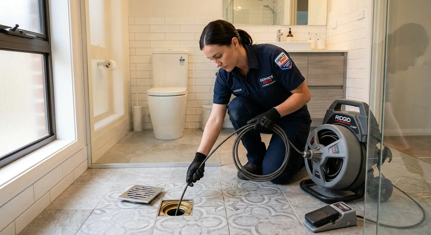 Technician clearing a bathroom floor drain for Hydro Jetting in Portland